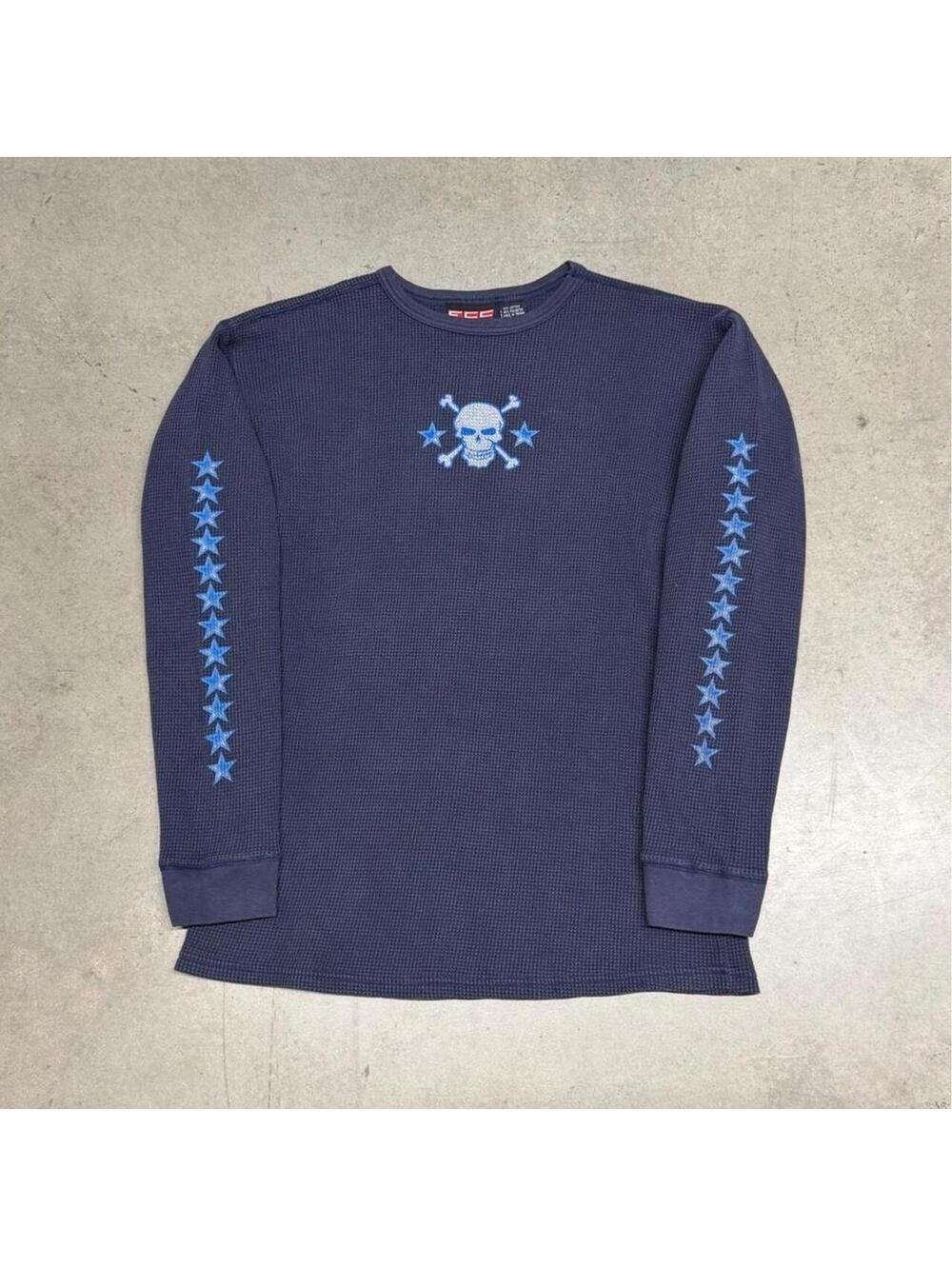 Vintage Y2K Long Sleeve Thermal Shirt Mens XL Blue Skull Stars Grunge Skate